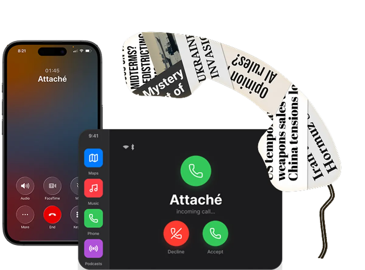 Attaché calling an iPhone and a car dashboard
